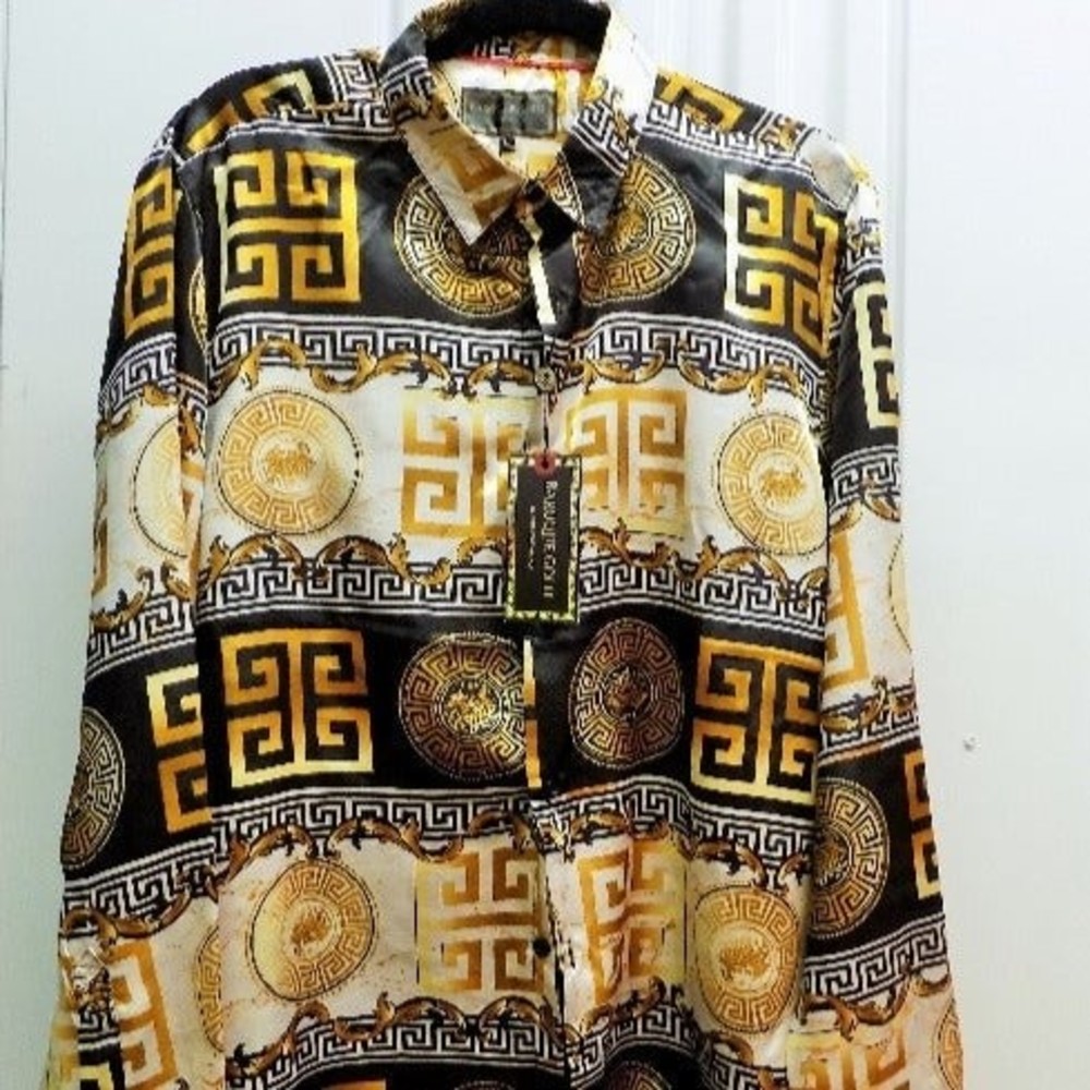 NEW Baroque Gold Medusa Famous Italian Designer Style Mens Long Sleeve Size L